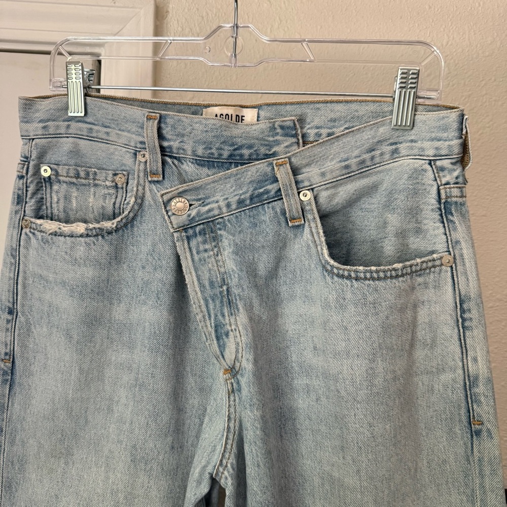 AGOLDE medium light blue wash‎ cotton criss cross fly straight leg jeans - Picture 2 of 6